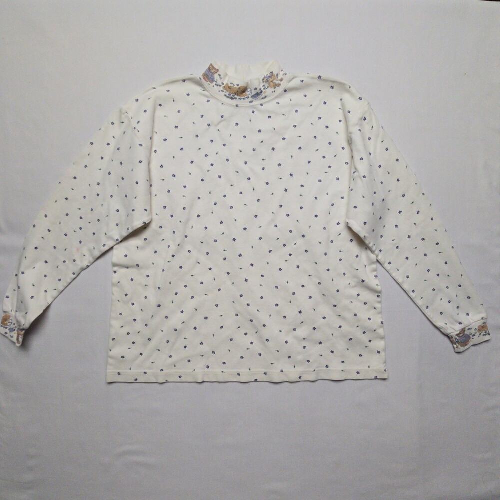 Vintage Northern Reflections Bear Floral Longsleeve Mock Neck Womens 8 White 90s